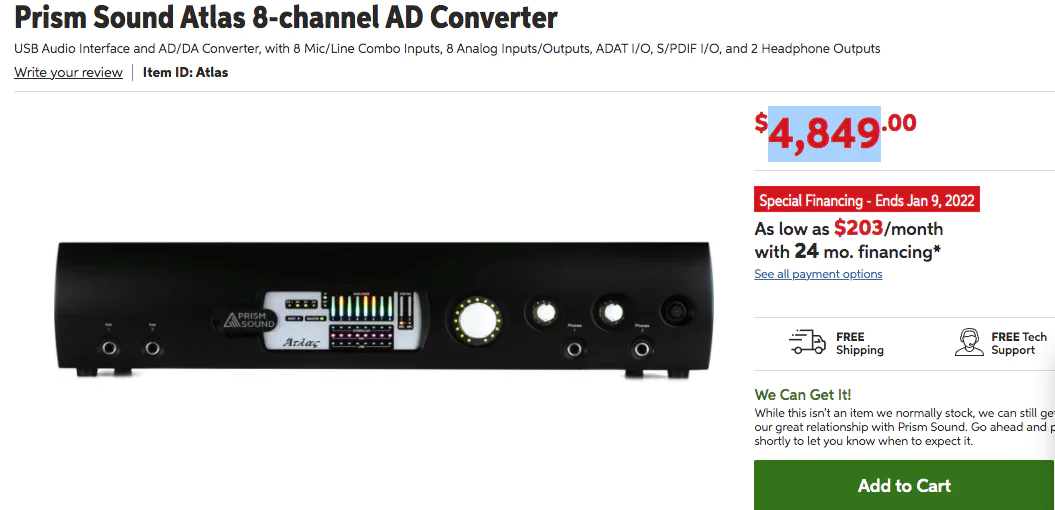 Sound Card Prism Sound Atlas 8-channel AD Converter